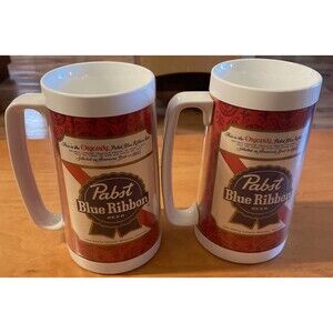Beer Mugs Stein PBR Pabst Blue Ribbon Vintage Plastic Thermo Serv set of 2 USA
